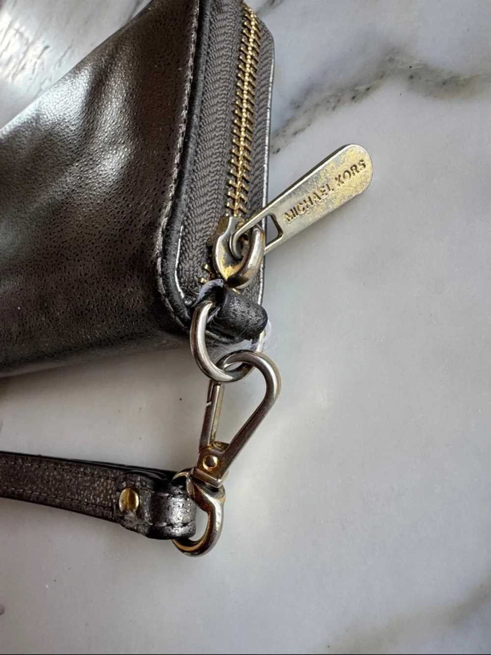 Michael Kors Metallic Pewter Leather Zip Around Wristlet Wallet Gold Hardware